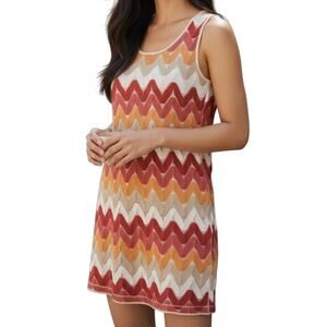 Sharagano Zigzag Print Sleeveless Crochet Shift Dress Size 14 Boho Summer